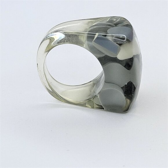 Chunky Square Resin Lucite Ring With Grey And White Pill Beads See Through Ring - Picture 9 of 11